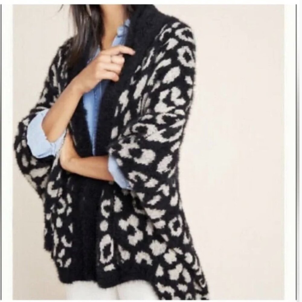 Anthropologie Fuzzy Open Cardigan Sweater in black and cream leopard print